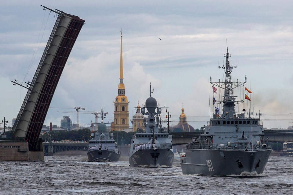 Russian warships, including warship Alexander Obukhov during a navy drill