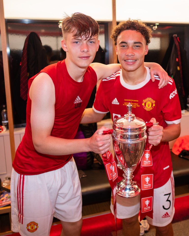 Sam Mather and Sam Murray celebrate helping Man Utd beat Nottingham Forest 3-1 in the final of the 2021-22 FA Youth Cup