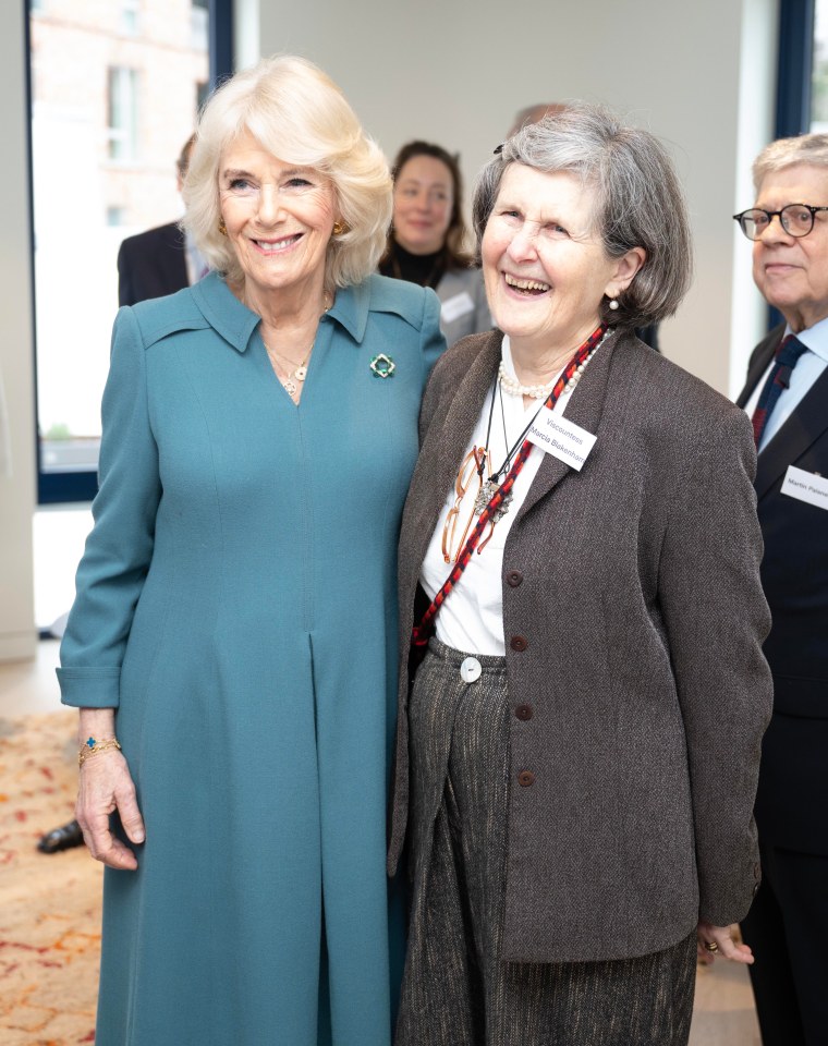 Queen Camilla beamed as she stood with Viscountess Marcia Blakenham during her visit to London’s Royal Free Hospital