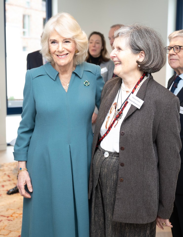 Queen Camilla (left) with Viscountess Marcia Blakenham during her visit