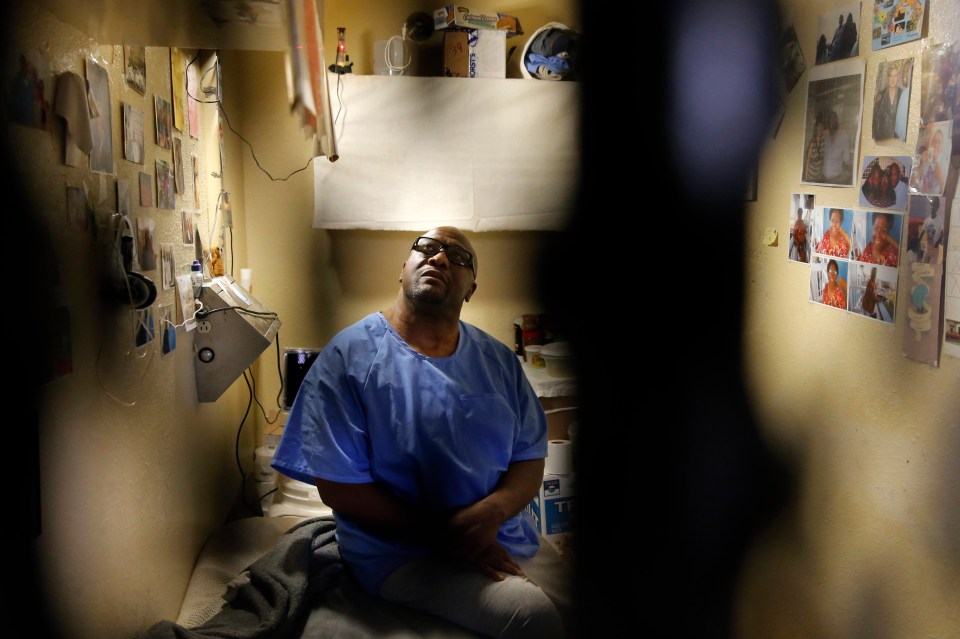 Raymond Lewis is seen in his tiny cell in San Quentin