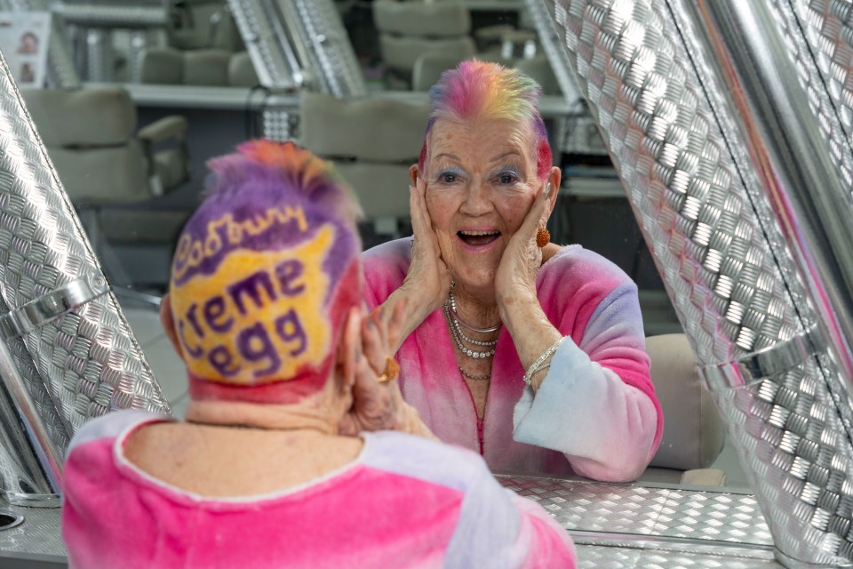 Sylvia Homewood, 88, had her hair dyed like a Cadbury’s Creme Egg