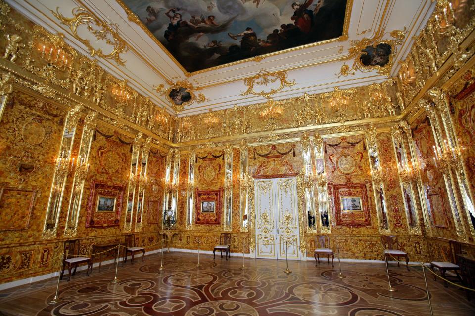 The Amber Room in the Catherine Palace of Tsarskoye Selo near Saint Petersburg