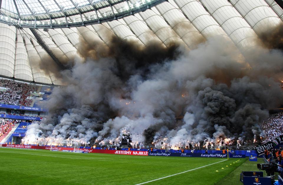 Ultras in clouds of smoke during a Polish Cup Final in 2016