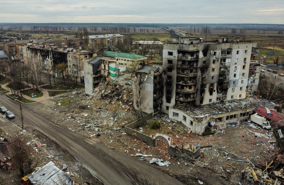 An aerial view shows a destroyed residential building in Kyiv in April 2022, after Russia invaded Ukraine