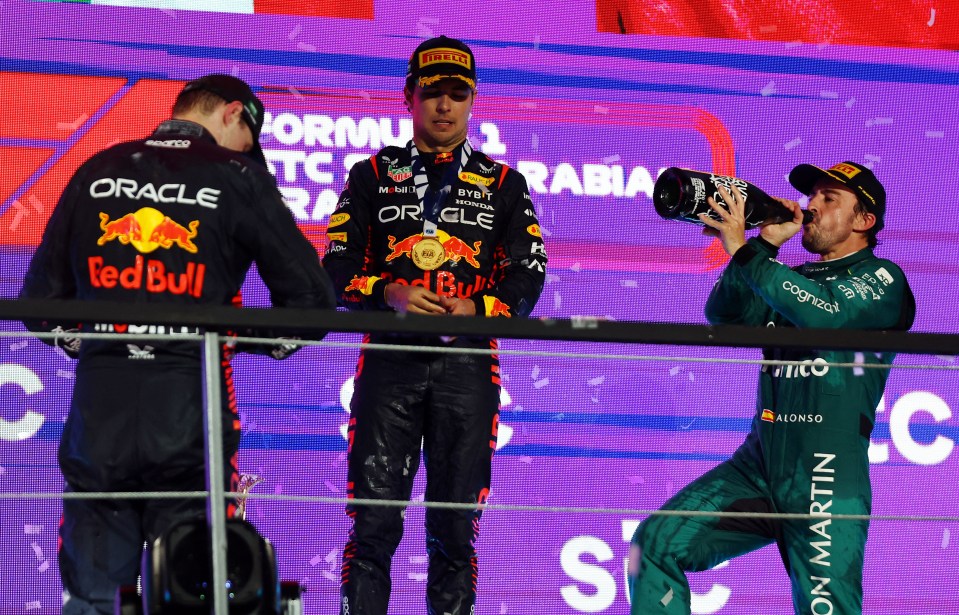 Fernando Alonso on the podium at the Saudi Arabian Grand Prix last year