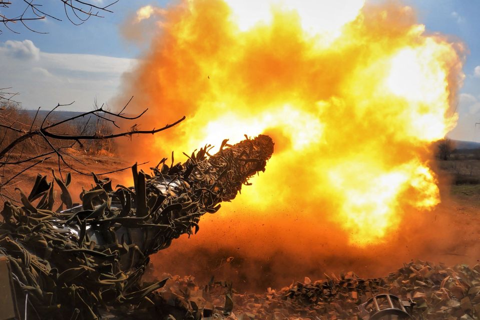 A Ukrainian tank fires at Russian positions on the frontline near Bakhmut amid Putin's invasion of Ukraine