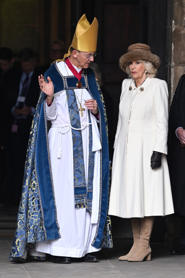 Queen Camilla is greeted by Bishop of Worcester Cathedral, The Right Reverend Dr John Inge