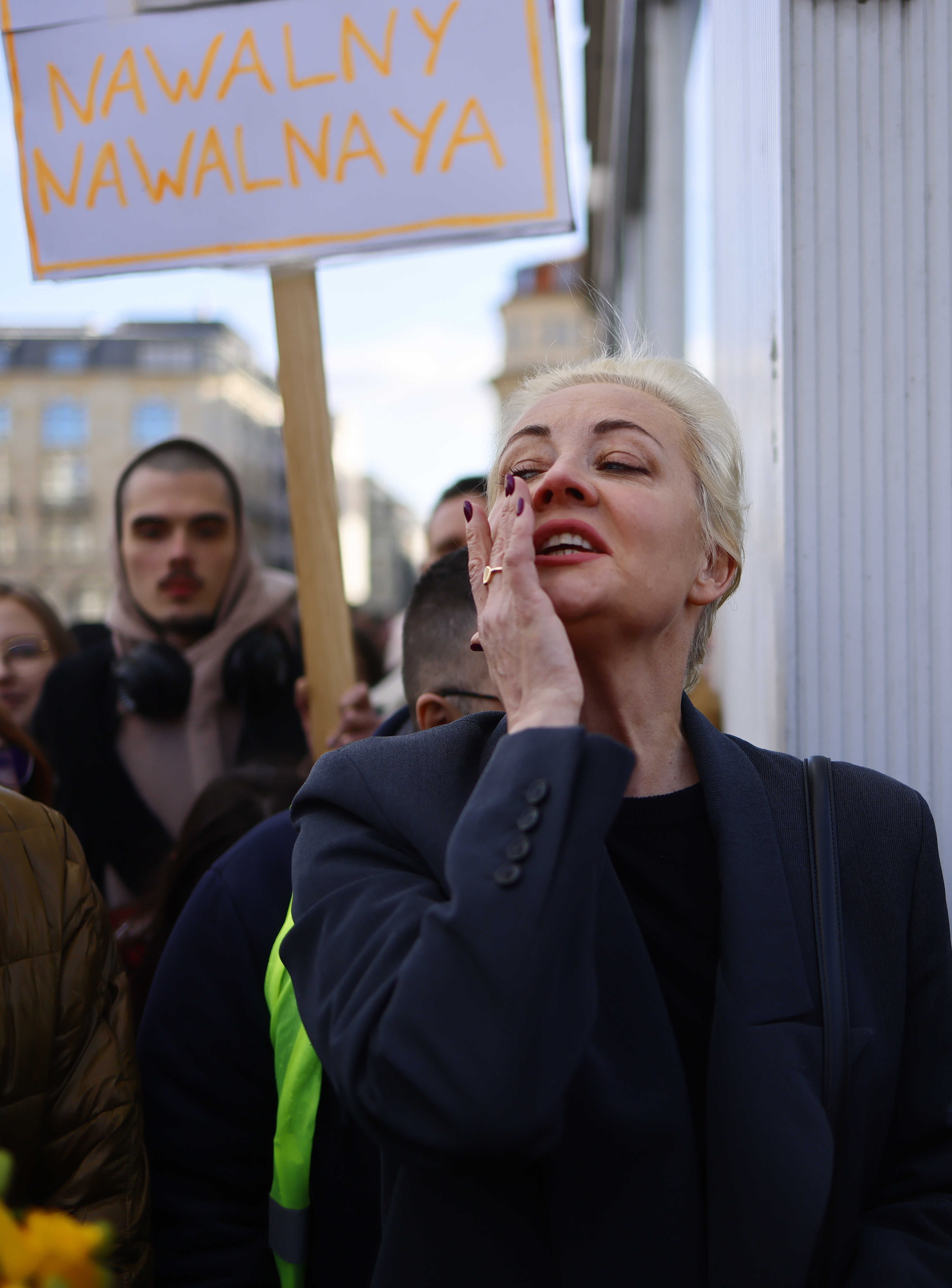 Yulia Navalny wipes away tears at powerful protests by the Russian embassy in Berlin