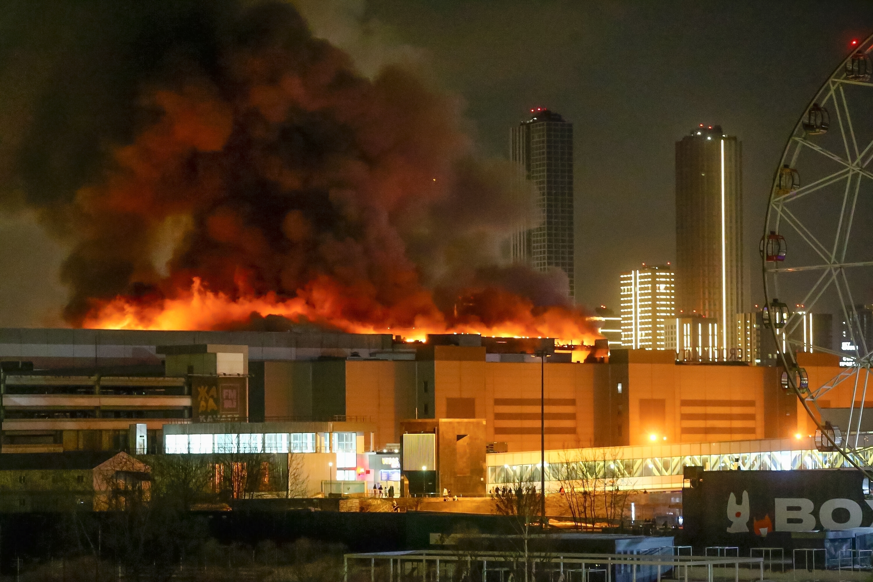 A huge blaze broke out over the Crocus City Hall in Russia