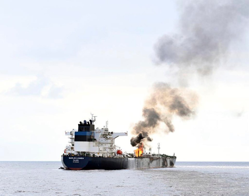 A view of the oil tanker Marlin Luanda on fire under attack from Houthis at the end of January