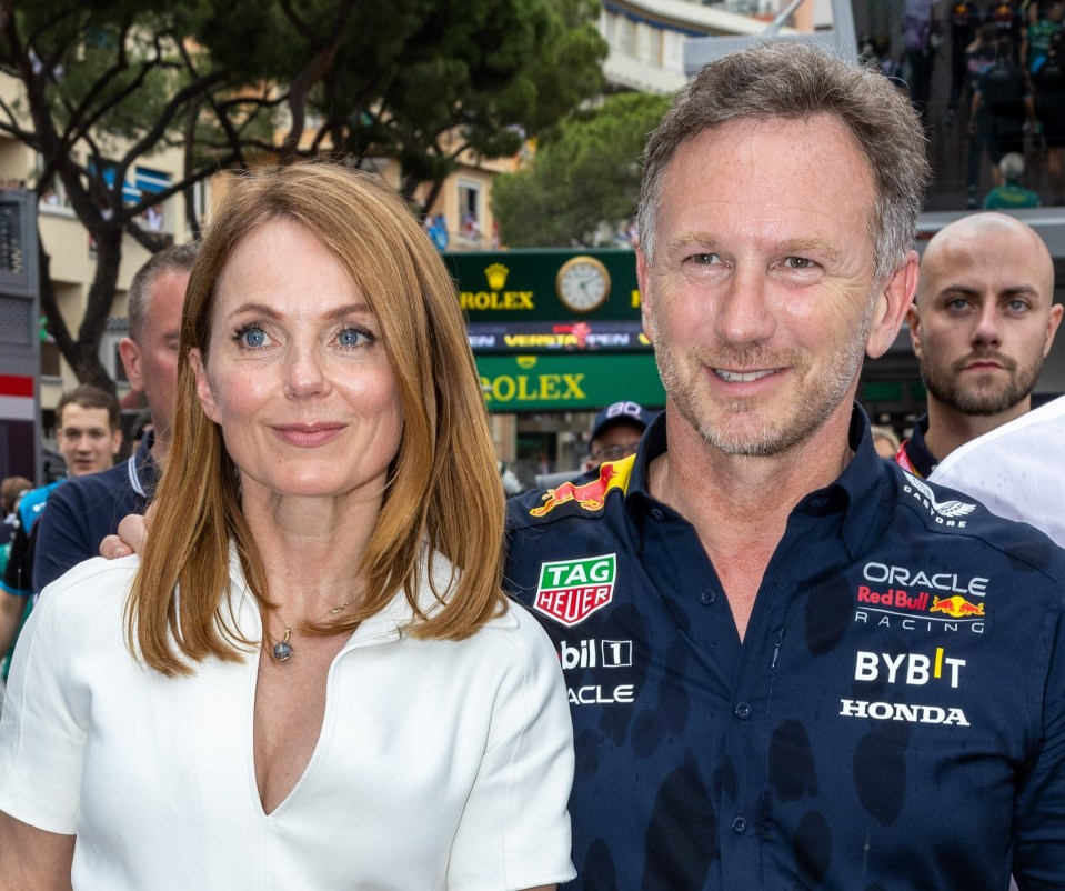 Geri, pictured with Horner at the Monaco GP, has not yet been spotted at the circuit in Bahrain