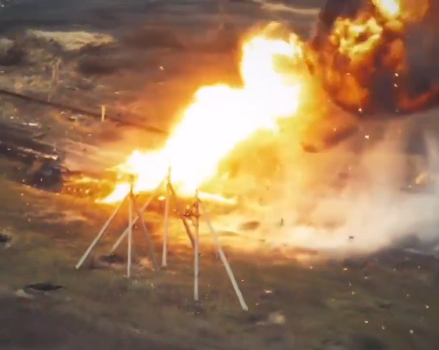 The suicide UAV detonates as it smahses into the £1million Russian T-72 tank and tears it apart