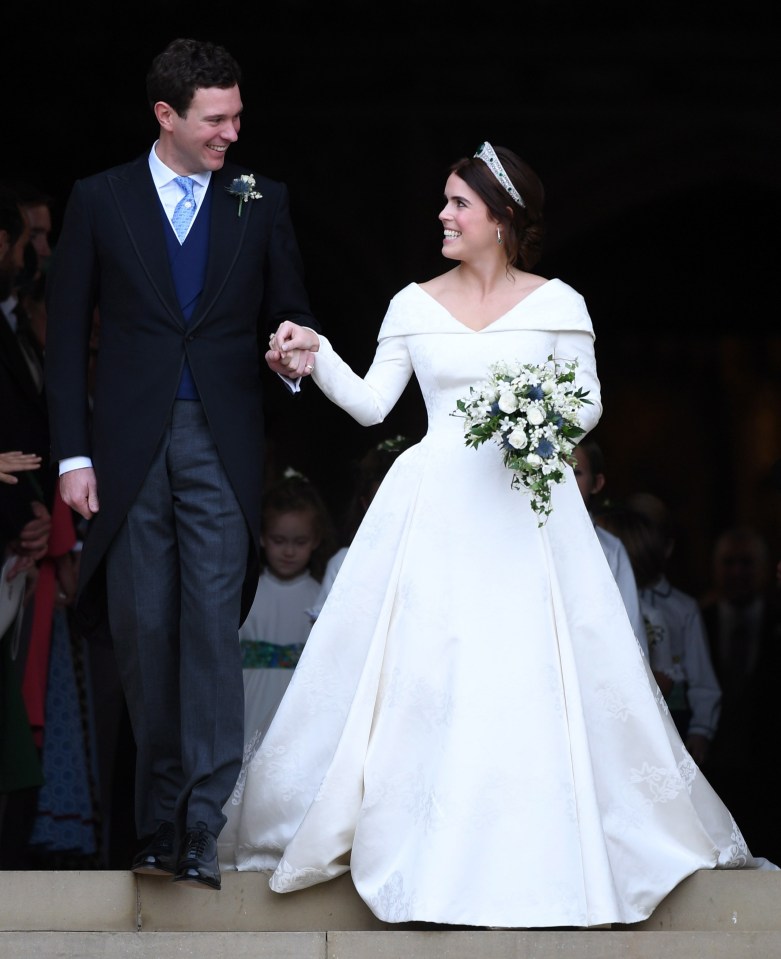 Princess Eugenie shares two children with her husband Jack Brooksbank, pictured here on their wedding day in October 2018