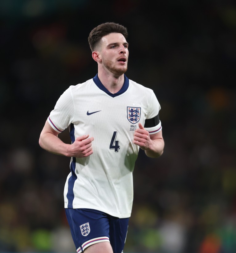 LONDON, ENGLAND - MARCH 23: England's Declan Rice during the international friendly match between England and Brazil at Wembley Stadium on March 23, 2024 in London, England.(Photo by Rob Newell - CameraSport via Getty Images)