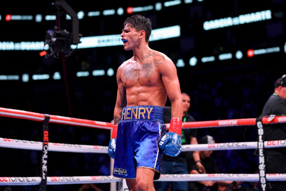 HOUSTON, TEXAS - DECEMBER 02: Ryan Garcia celebrates after defeating Oscar Duarte by way of total knockout on December 02, 2023 at Toyota Center in Houston, Texas. (Photo by Cris Esqueda/Golden Boy/Getty Images)