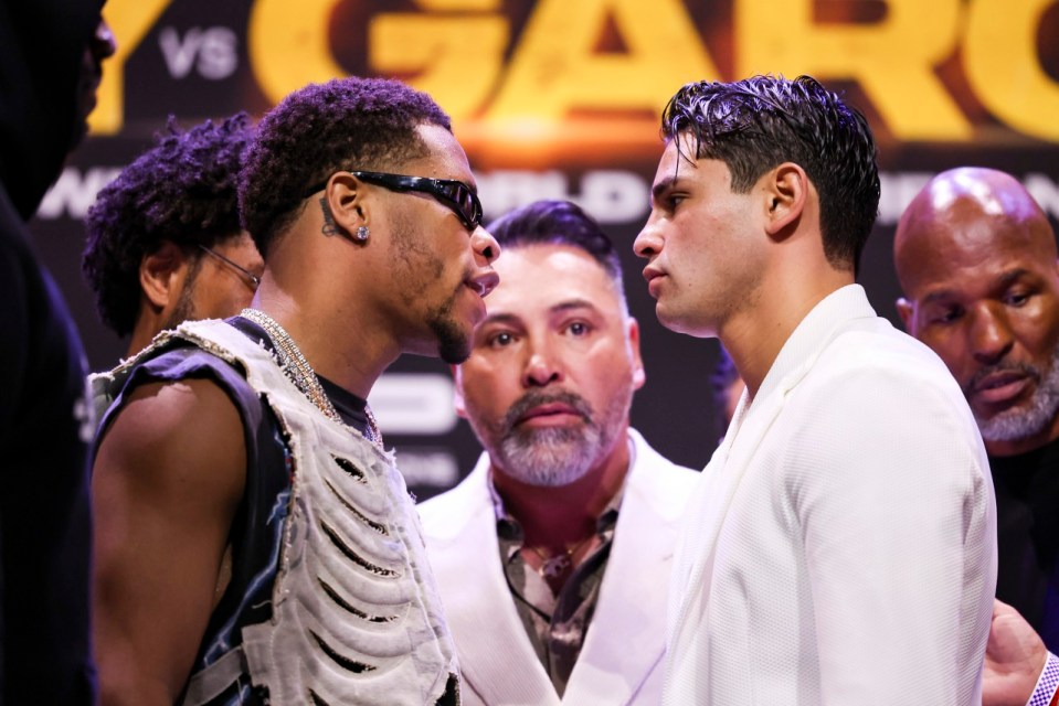 LOS ANGELES, CALIFORNIA - FEBRUARY 29: Devin Haney and Ryan Garcia face off during the Ryan Garcia v Devin Haney press tour at Avalon Hollywood & Bardot on February 29, 2024 in Los Angeles, California. (Photo by Cris Esqueda/Golden Boy/Getty Images) *** BESTPIX ***