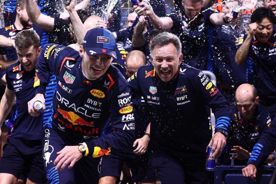 BAHRAIN, BAHRAIN - MARCH 02: Race winner Max Verstappen of the Netherlands and Oracle Red Bull Racing and Oracle Red Bull Racing Team Principal Christian Horner celebrate with the Oracle Red Bull Racing team after the F1 Grand Prix of Bahrain at Bahrain International Circuit on March 02, 2024 in Bahrain, Bahrain. (Photo by Clive Rose/Getty Images) *** BESTPIX ***