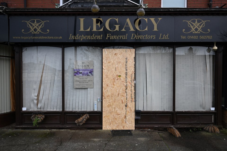 A picture shows a branch of Legacy Independent Funeral Directors in Hull, northeast England, on March 13, 2024. The bodies of 35 people and the suspected ashes of a number of others have been recovered by police investigating the funeral parlour after concerns were raised about "storage and management processes relating to care of the deceased". (Photo by Paul ELLIS / AFP) (Photo by PAUL ELLIS/AFP via Getty Images)