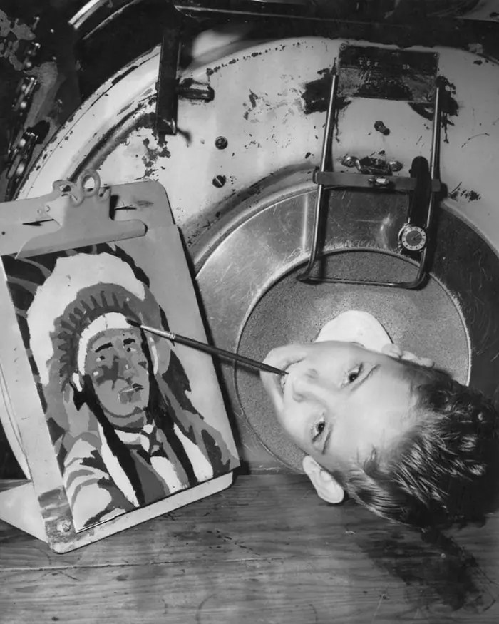 Paul pictured inside his iron lung as a child