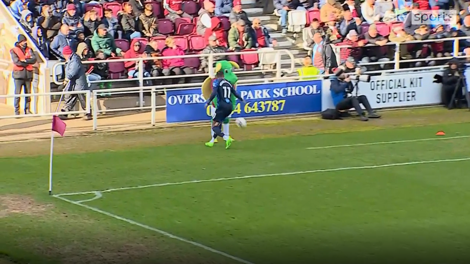 The Northampton mascot cheekily threw the ball away from Derby star Nathaniel Mendez-Laing