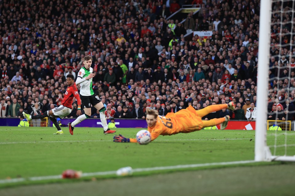 Ivorian youngster Amad’s low shot beats Caoimhín Kelleher in the Liverpool goal