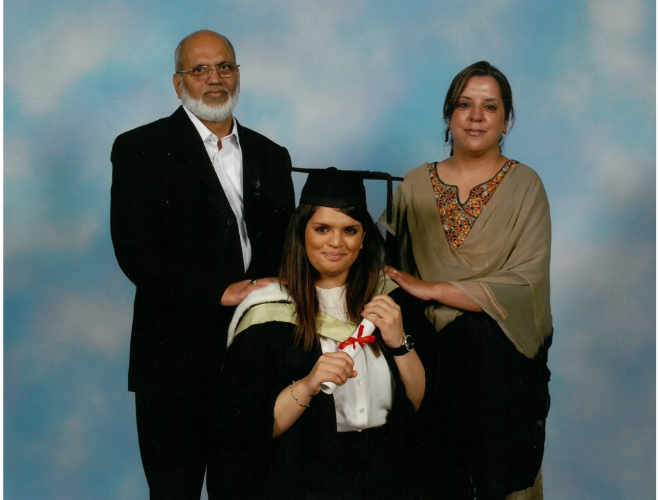 Fawziyah Javed pictured with her proud parents on graduation day