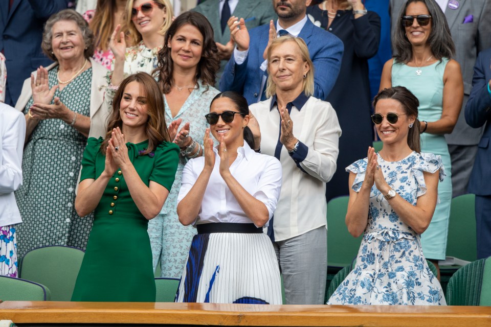 Princess Catherine, left, Meghan Markle and Pippa attend Wimbledon in July 2019