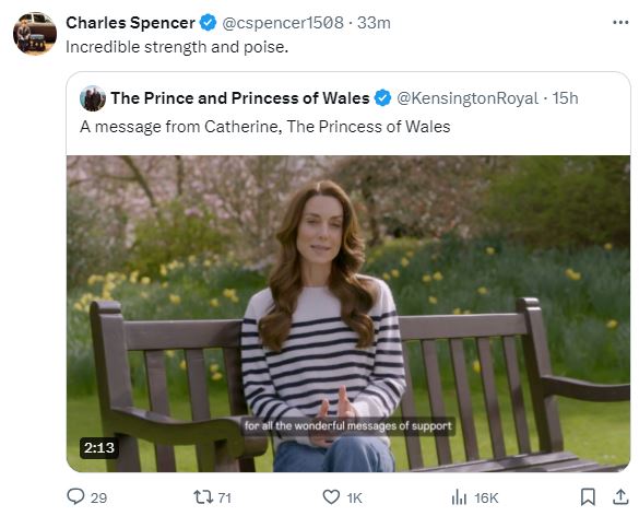 He took to X to share the Princess of Wales’s emotional video statement