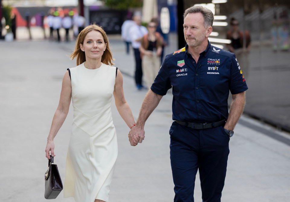 Geri and Horner walk in the Paddock at the Bahrain Grand Prix last week holding hands