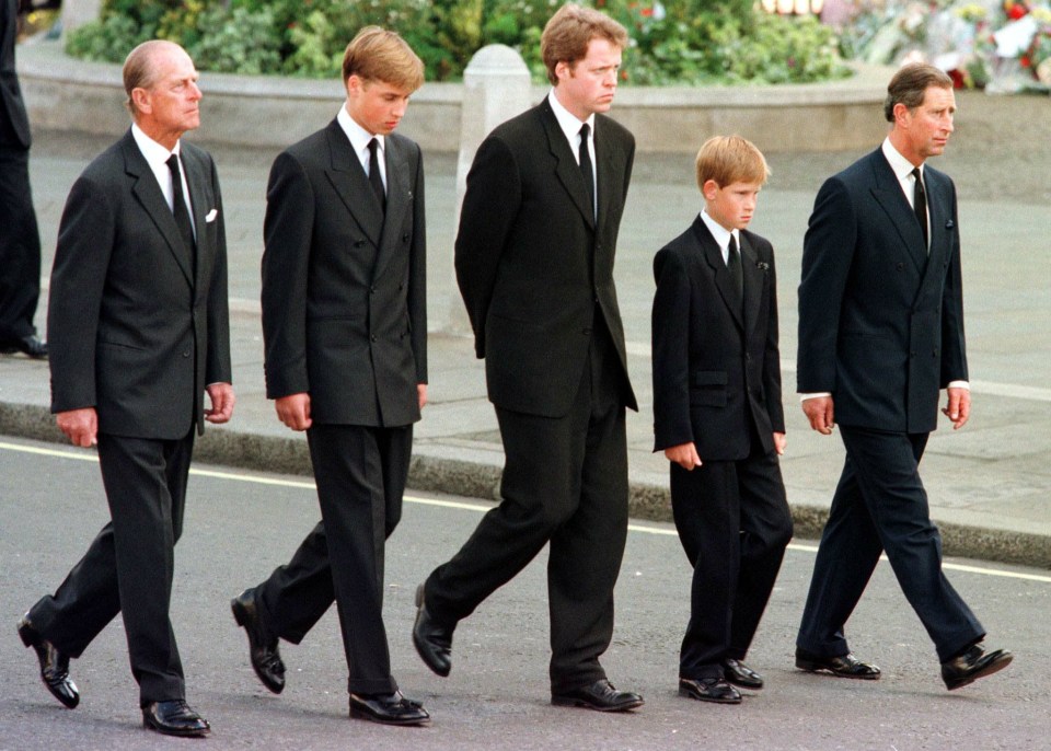 Earl Spencer, centre, between Prince Harry and Prince William along with Prince Charles, right and Prince Philip during Diana’s funeral