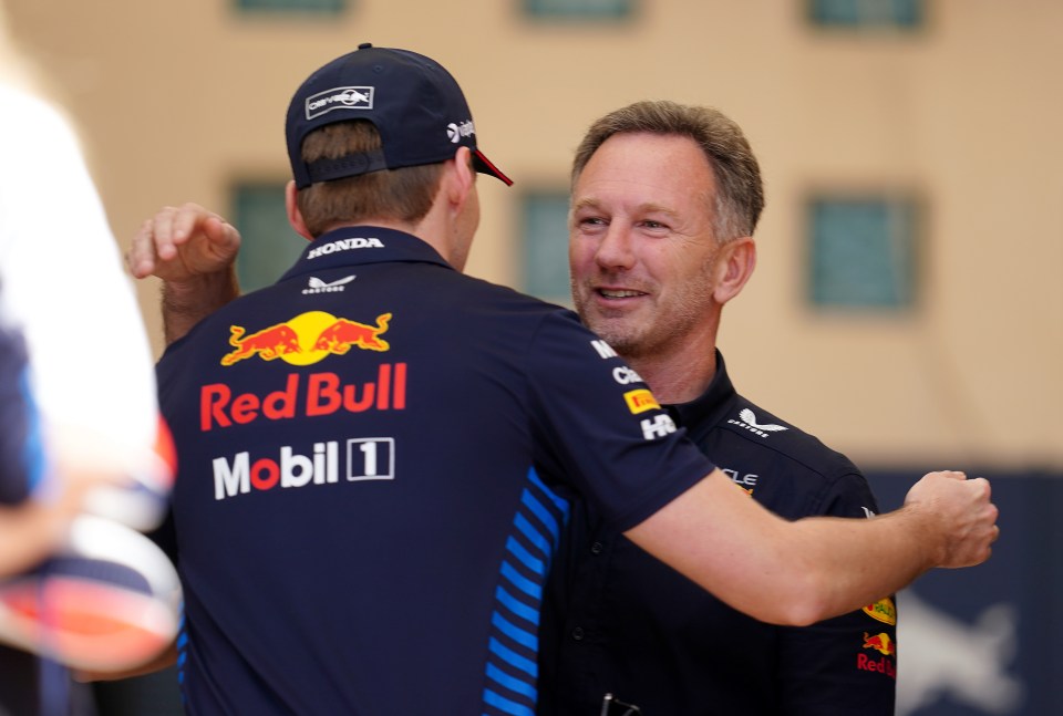 Horner and Max Verstappen embraced during the test practice yesterday