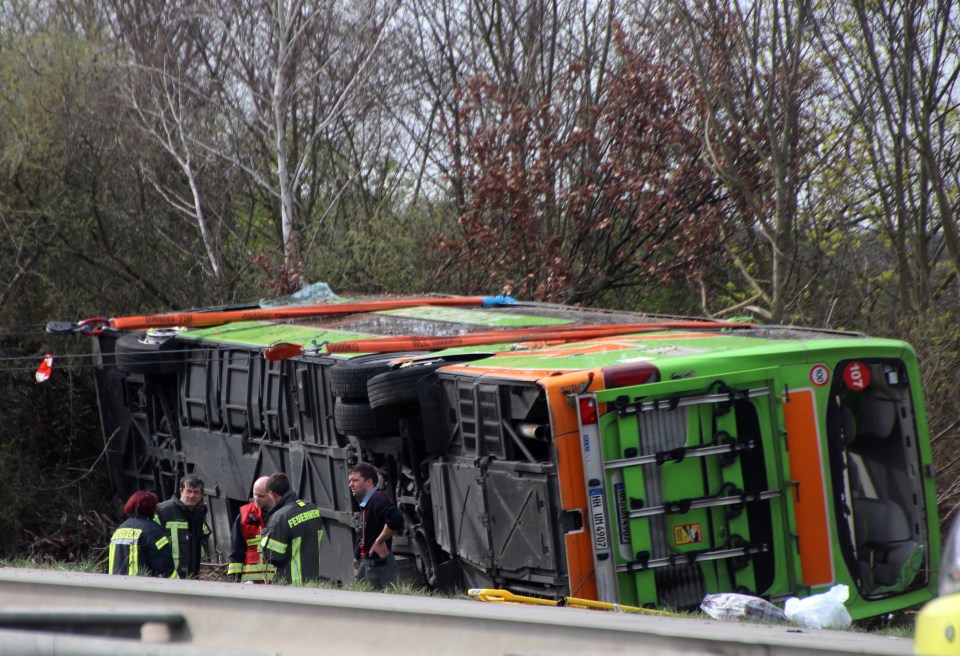 The bus flipped onto its side on the A9 motorway in Germany