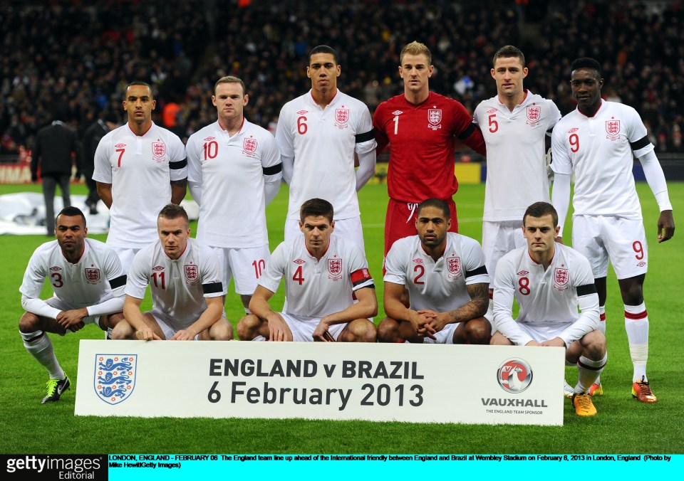 Chris Smalling lines up between Wayne Rooney and Joe Hart for the team photo