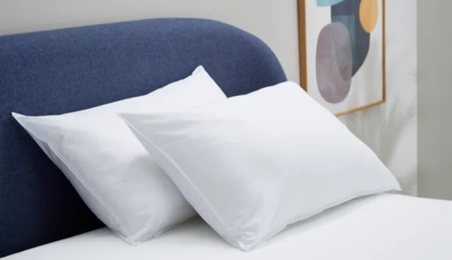 Two white pillows on a blue bed.