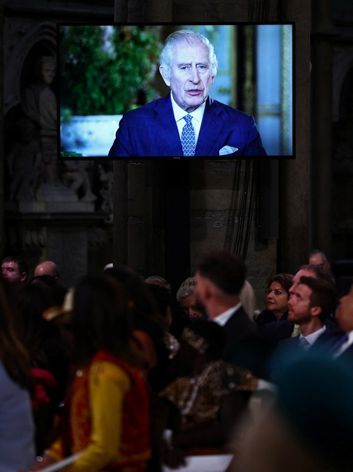 Charles was forced to address the service via video message as he undergoes cancer treatment