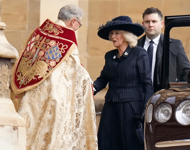 Queen Camilla arrives at Windsor Castle for the Thanksgiving service