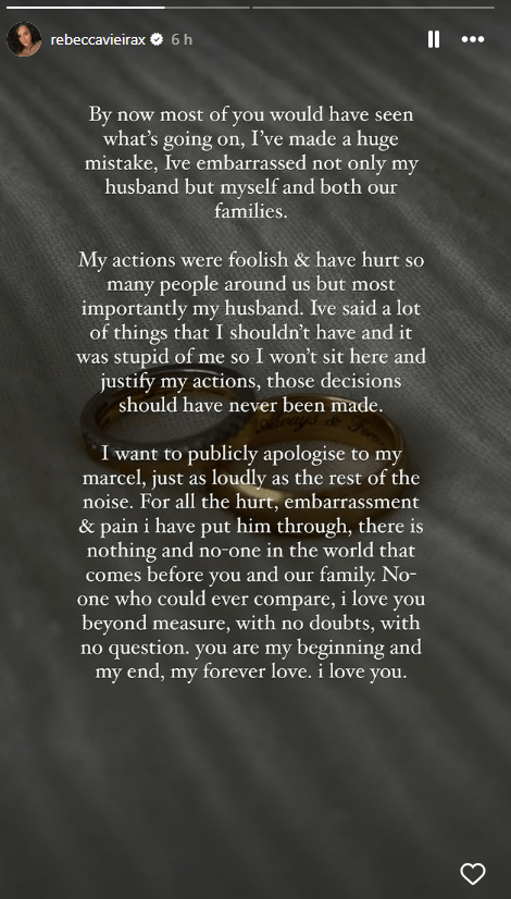 Rebecca shared this grovelling apology on her instagram stories