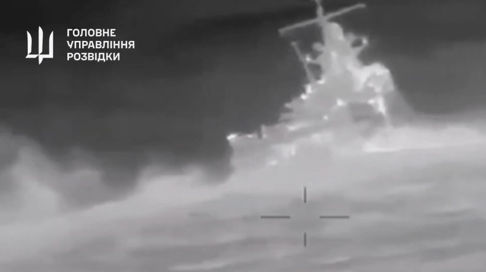 The video shows the ship was struck a number of times by Ukrainian kamikaze drones