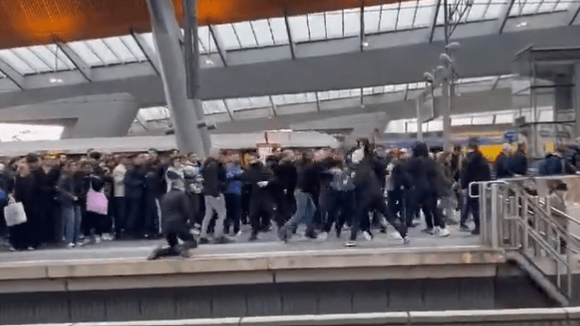 A group of men can then be seen swarming another fan and throwing punches