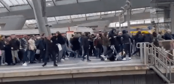 One Ajax hooligan then throws a flying punch at the fan who just stumbled up from the ground