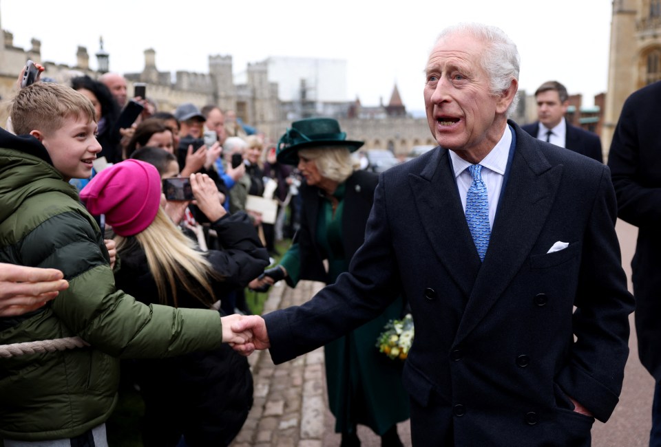 His Majesty greeted around 60 well-wishers after leading a scaled-down Royal Family to a service at Windsor Castle today