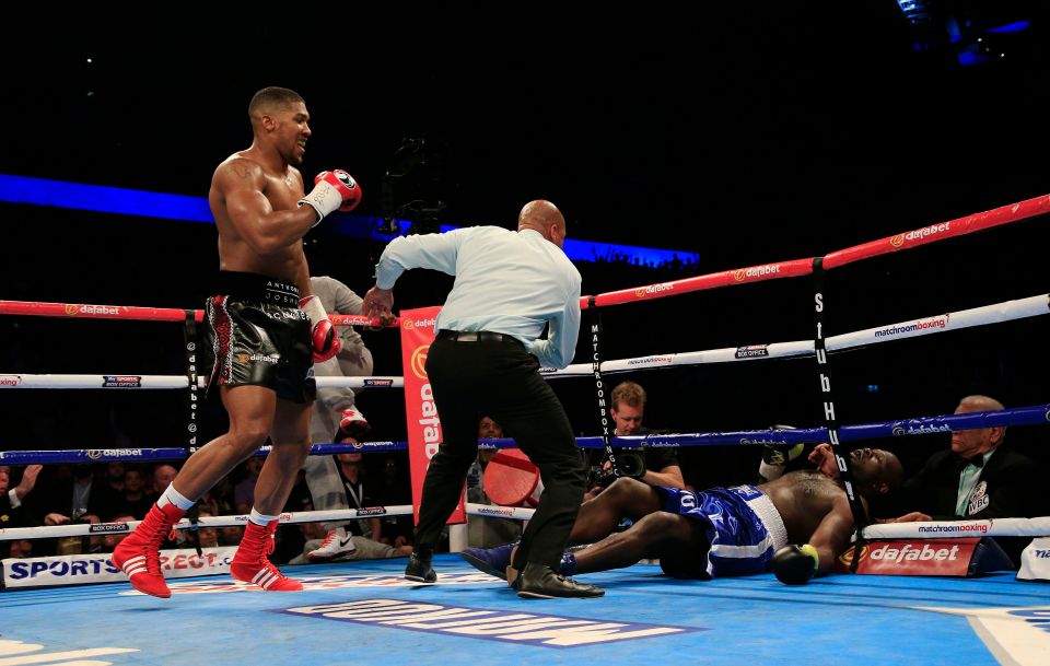 Anthony Joshua (left) knocks down Kevin Johnson in May 2015