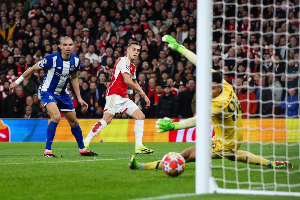 The veteran struck an identical pose as Leandro Trossard scored on Tuesday 18 years later