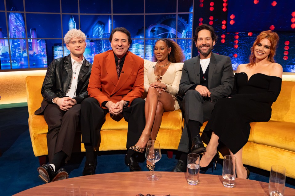 Billies with fellow guests on the Jonathan Ross show – Leo Reich, Jonathan, Melanie Brown and Paul Rudd