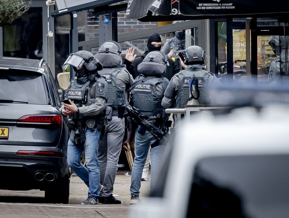 A man wearing a balaclava is arrested by the DSI in front of a cafe in Ede