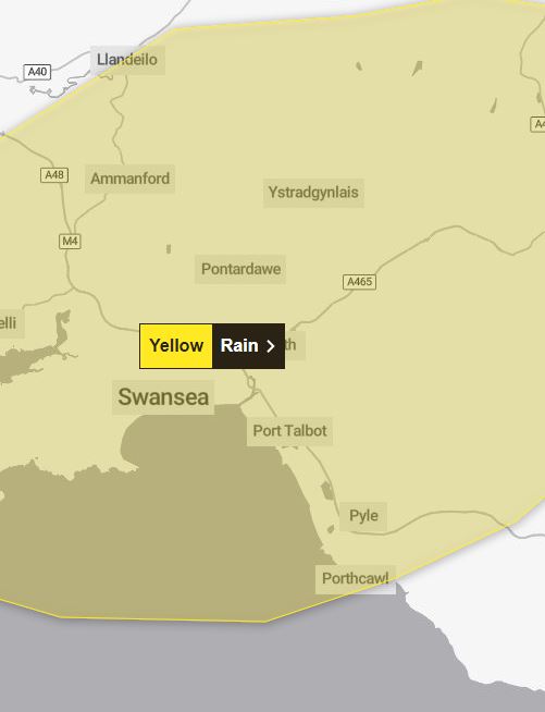 The yellow weather covers a large part of South Wales