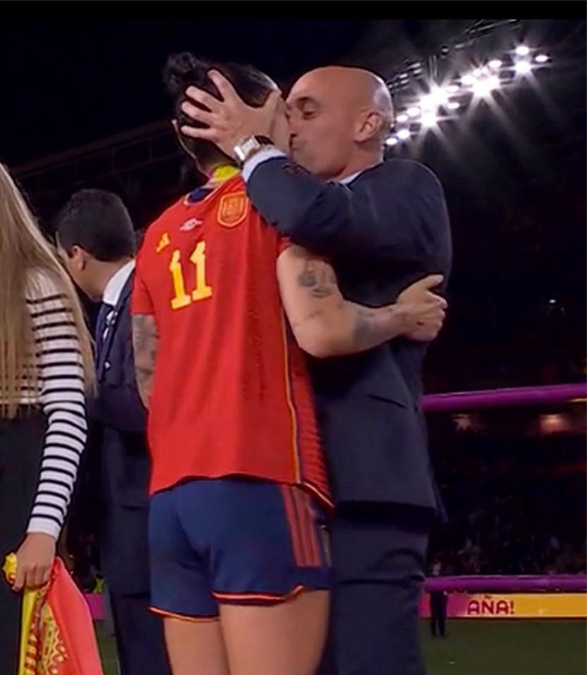 The moment where Spanish football federation president Luis Rubiales kisses Spanish footballer Jenni Hermoso on the lips