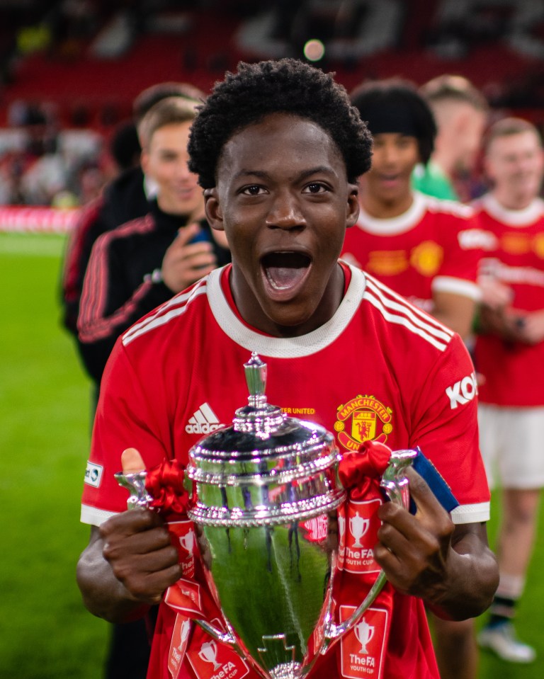 Kobbie grins after winning the FA Youth Cup in 2022