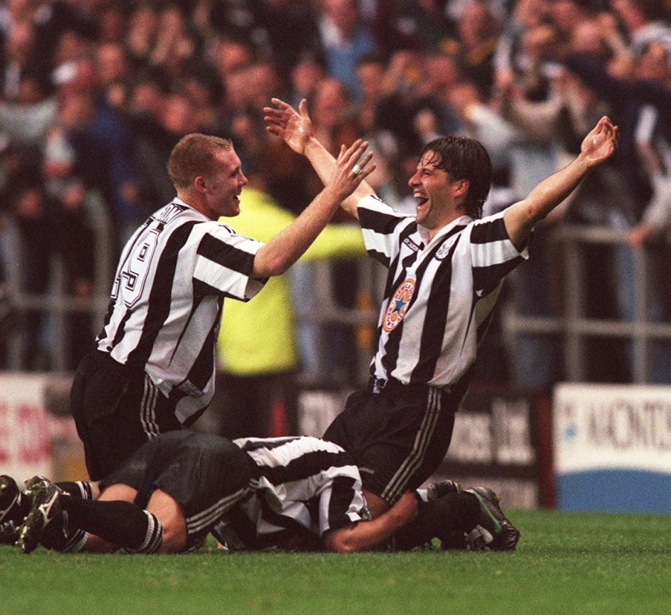 Philippe Albert celebrates his incredible strike against Man Utd